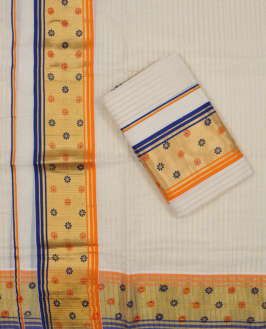 Off white colour Cotton Set Mund featuring a plain body, enhanced by a gold zari woven border with floral motifs and blue orange stripes
