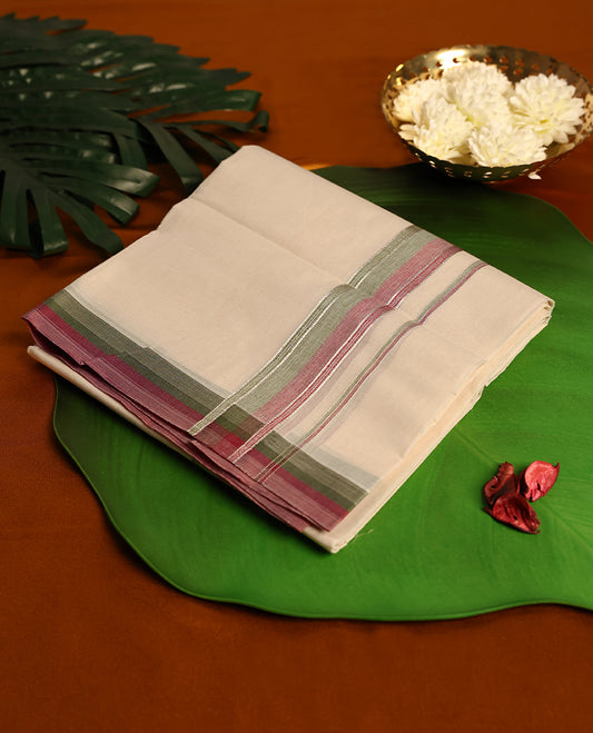 Light ivory Colour cotton double dhoti with 1.5 Inch Pastel Green & Maroon kara, crafted for traditional elegance & comfort, for men.