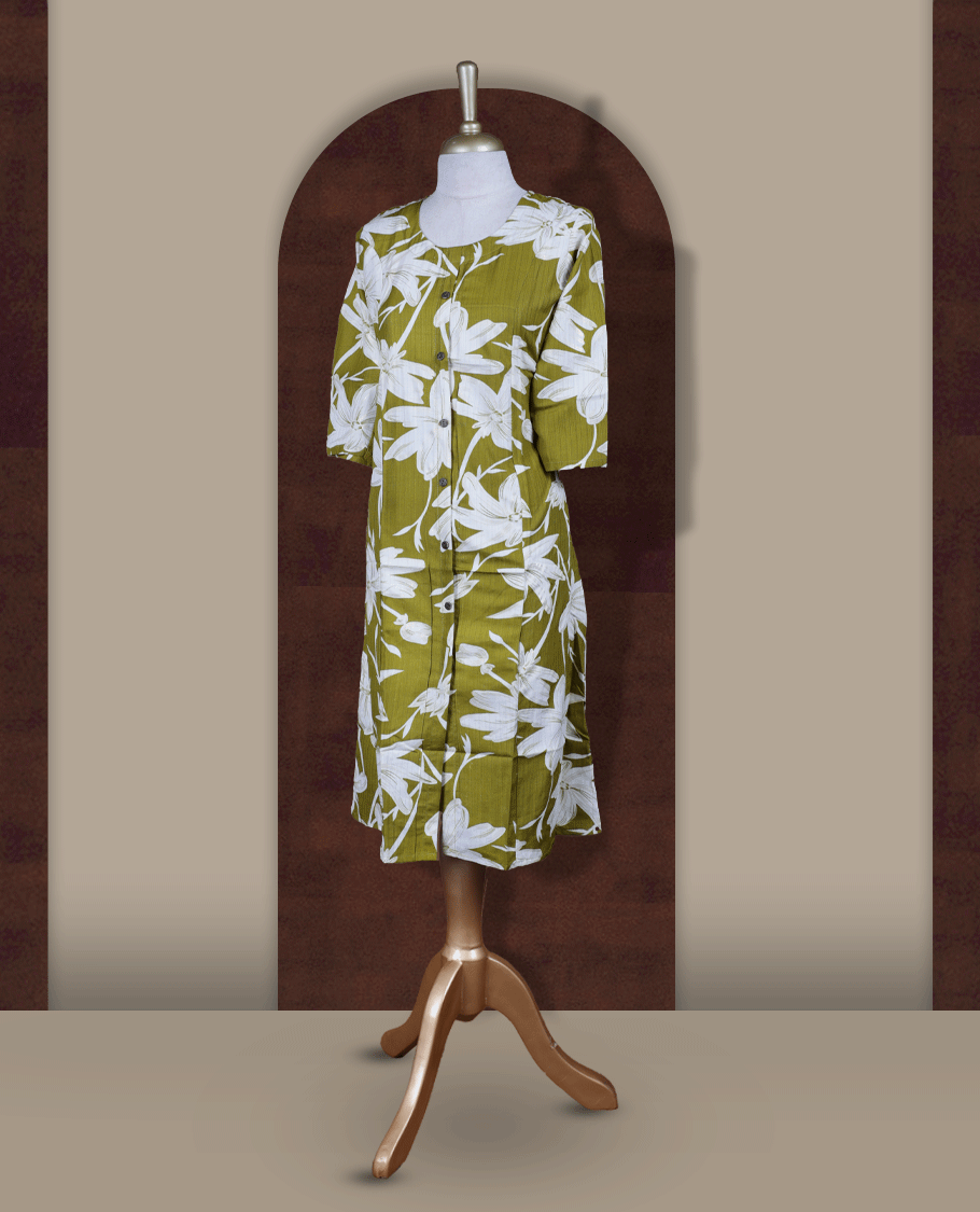 Olive green colour kurthi adorned with bold off white floral prints, featuring a classic round neckline with front buttons and comfy 3/4th sleeves.