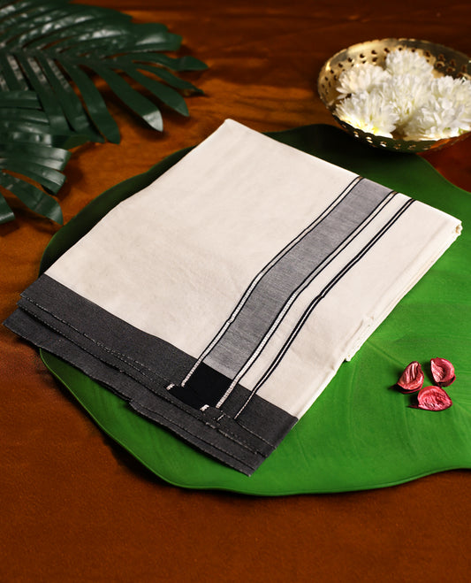Off white cotton single dhoti featuring a grey,dark blue, & silver kara with elegant double line edging, blending simplicity with tradition, crafted for daily comfort and perfect for rituals, temple visits, and cultural occasions