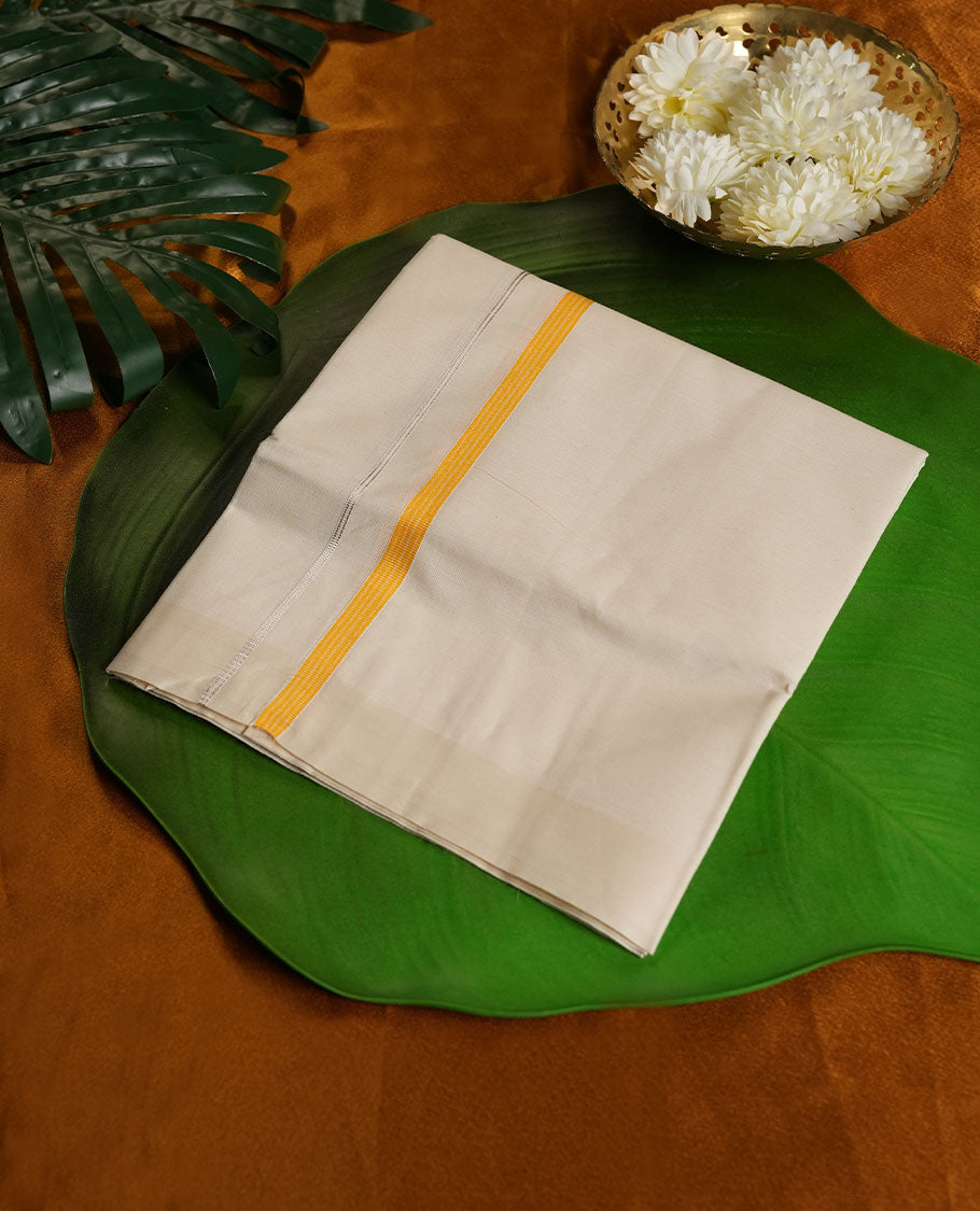 Cream Colour Pure Cotton single Dhoti with Yellow Colour Border for Men