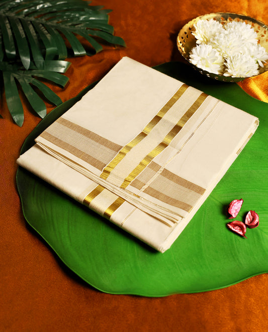 Off white colour cotton double dhoti with a subtle golden zari border, crafted for traditional elegance and breathable comfort, ideal for festivals, weddings, and cultural celebrations.