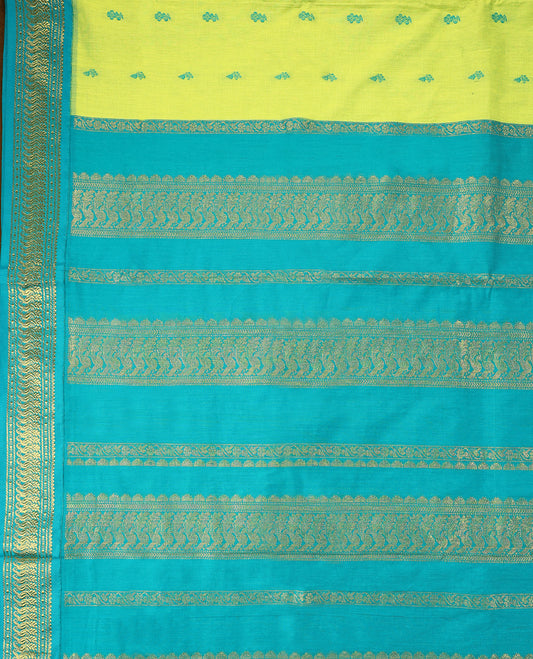 Lemon Green colour mixed Kalyani cotton saree featuring Contrast zari motifs throughout the body, paired with a Bluish Green colour traditional border and pallu, with matching blouse