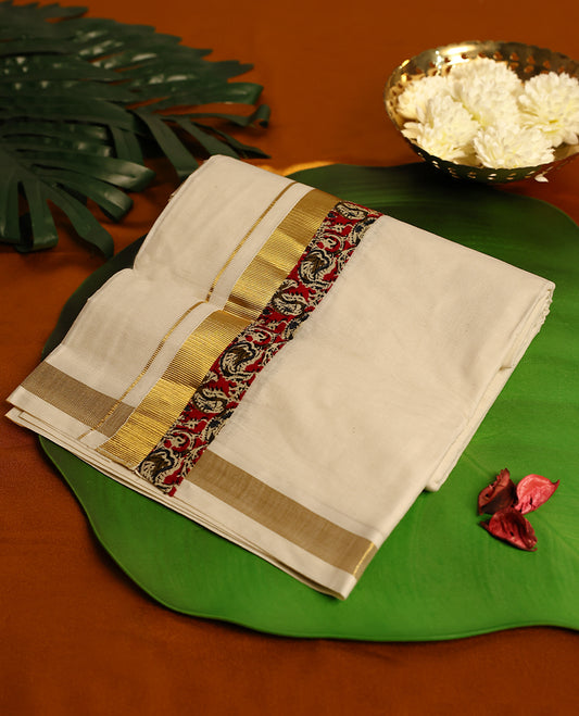 Light ivory Colour cotton double dhoti having Gold with Multi Colour Ajrakh kara, crafted for traditional elegance & comfort, for men.