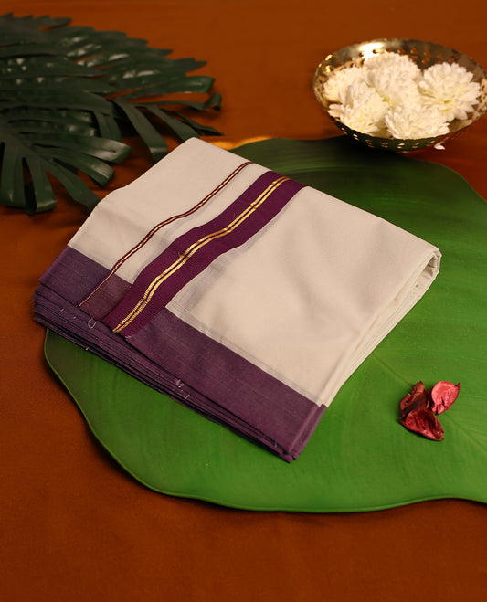 Light ivory Colour cotton double dhoti having Grape Colour kara, crafted for traditional elegance & comfort, for men.