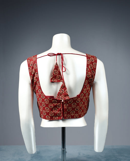 Brick Brown Colour Floral Block Print, Deep Neck, Attachable Sleeves, Padded, Ready Made Blous
