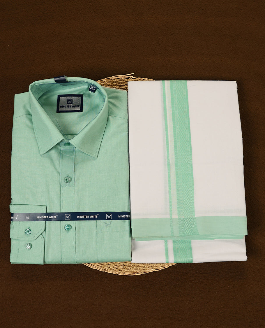Pista Colour full sleeve shirt and white dhoti set featuring a coordinated Pista Green zari border designed for a stylish and traditional look ideal for festive and cultural occasions
