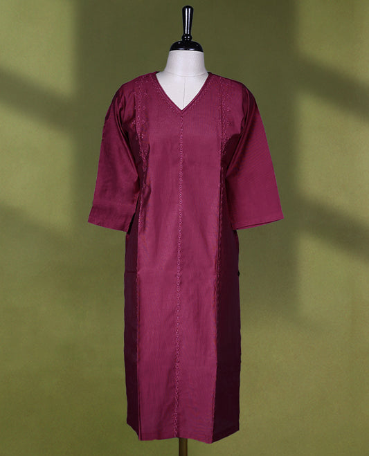 Wine Red Colour V neck Readymade  kurti with embroidery work for women, featuring 3/4 sleeves.
