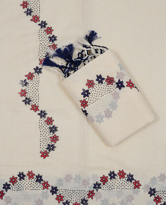 Off white colour cotton Set Mund featuring a plain body, enhanced by a floral printed border.