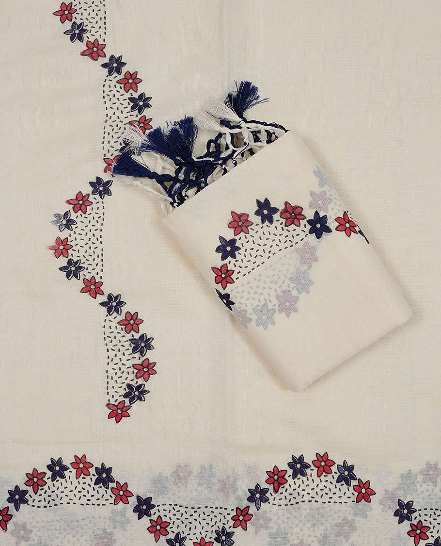 Off white colour cotton Set Mund featuring a plain body, enhanced by a floral printed border.