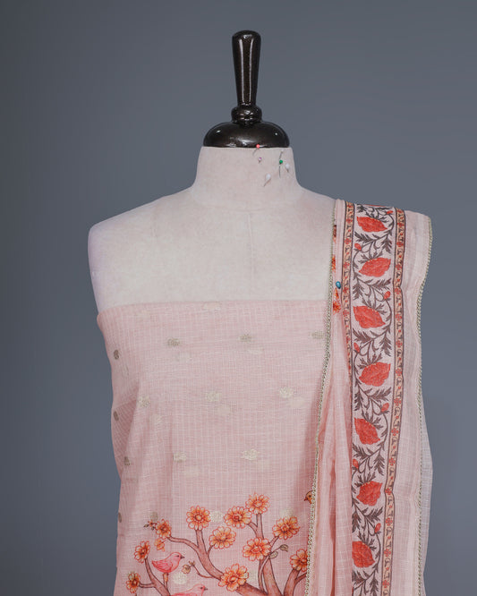 Light pink Colour Kotta Net Salwar material featuring a beautiful Radha inspired digital print with floral motifs and subtle golden accents on body , paired with a matching bottom and dupatta.