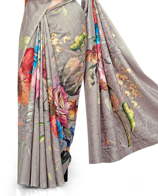 Light chikku colour Semi linen saree featuring vibrant multicolour floral digital prints on body and pallu, paired with a matching blouse.