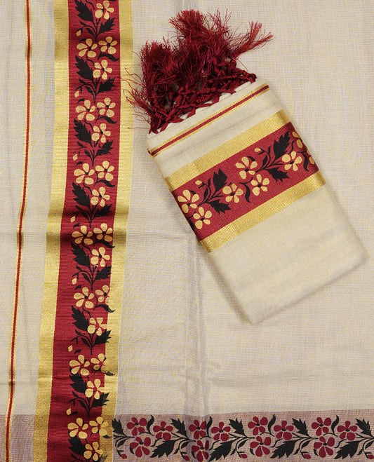 Golden colour Tissue silk set mundu features a plain body accented by a Floral print on gold zari border.