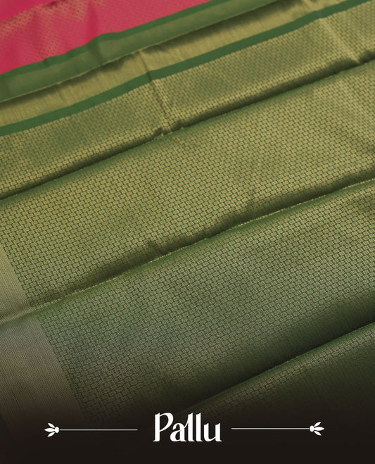 Maroon colour semi silk saree featuring neem zari Brocade Pattern all over the body, complemented by a Self Colour woven border with detailing with contrast green Colour Pallu & blouse.