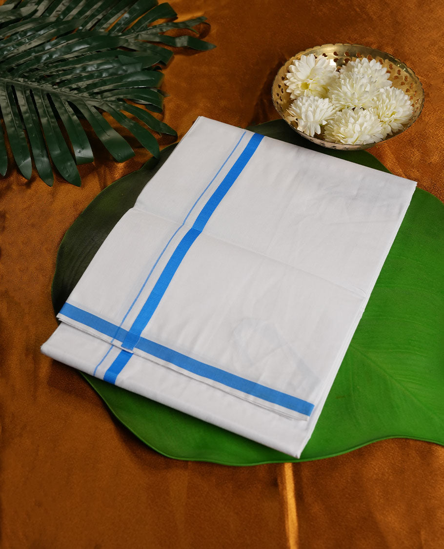 White Colour Pure Cotton single Dhoti with blue Colour simple Border for Men
