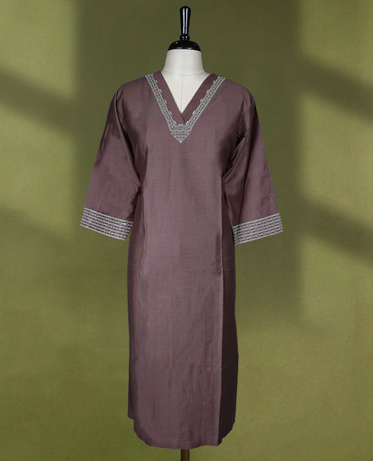 Pastel brown colour Readymade kurti with embroidery and beadwork for women, featuring 3/4 sleeves.