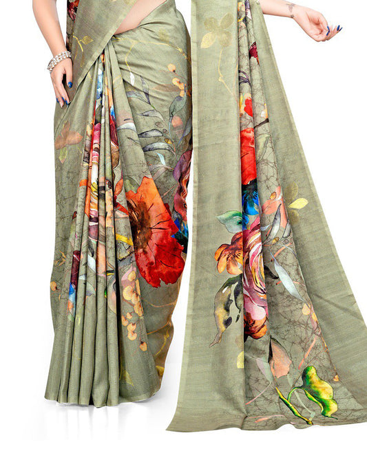 Pastel green Semi linen saree featuring vibrant multicolour floral digital prints on body and pallu, paired with a matching blouse.