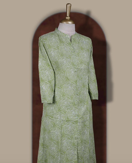 Pista green colour coord set featuring elegant floral prints all over, mandarin collar, and sheer 3/4 sleeves, Paired with matching pants, it offers a sleek, modern look perfect for refined casual wear.