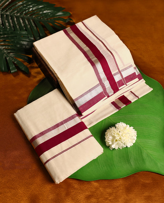 Off white colour cotton SET MUNDU featuring a plain body, complemented by a bold Deep Red and silver toned border( 2.00/2.80 MTS ).