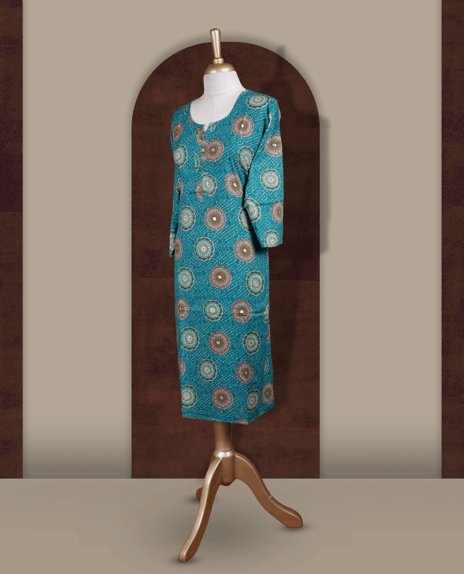 Peacock green colour straight cut kurthi featuring elegant circular ethnic prints, styled with a round V notch neckline and comfortable 3/4th sleeves.