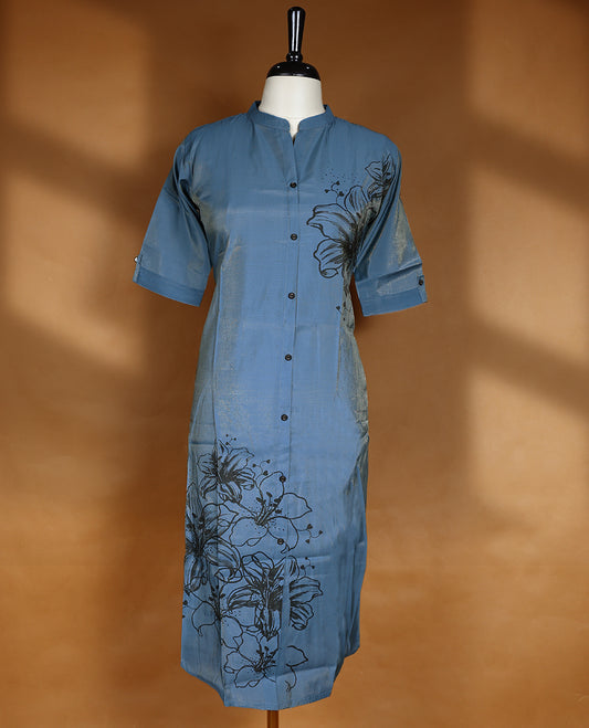 Pastel dark blue colour kurti from TWARA, featuring intricate black digital print on the top, finished with a round collar neckline.