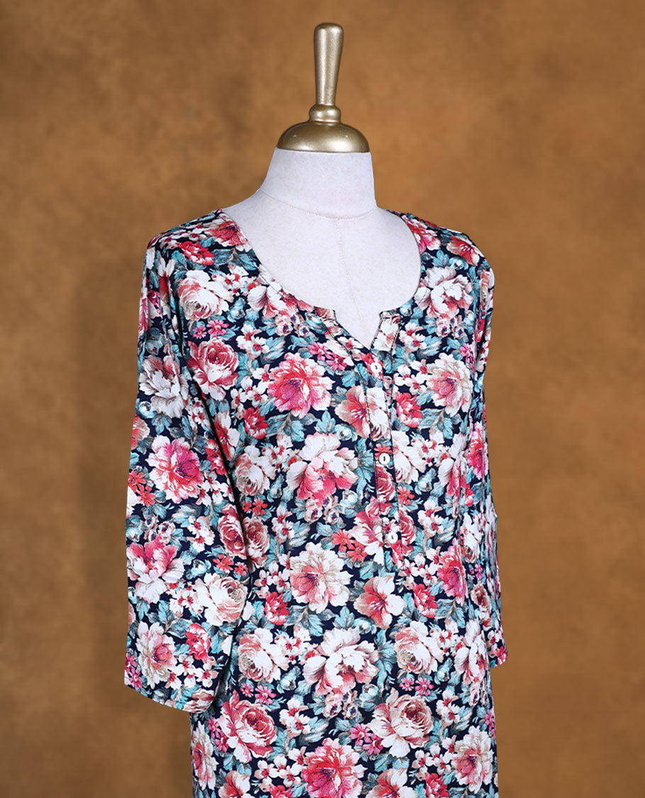 Black colour kurti with multicolour floral prints, knee length design, styled with a round  with slit neckline and a sleeve .