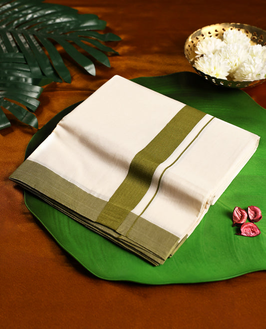 Off white colour cotton double dhoti featuring a bold olive green border with fine stripe detailing, blending simplicity with elegance for traditional and festive occasions.