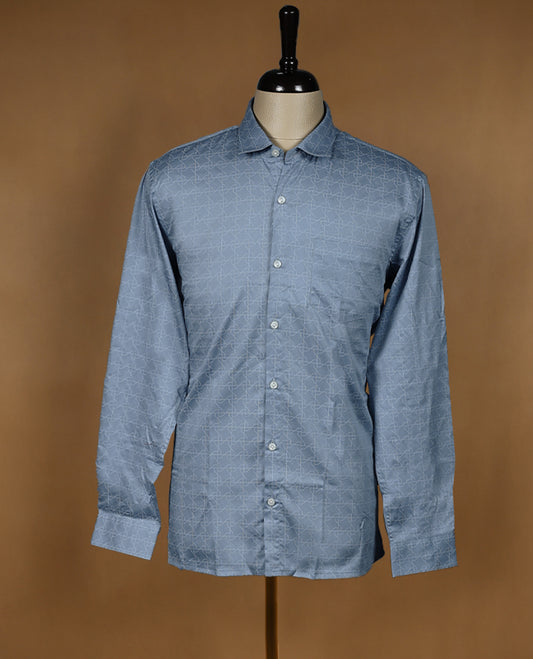 Slate blue Peter Eglend men’s cotton shirt in a relaxed formal fit, featuring an all over geometric self-design, full sleeves, classic collar, and chest pocket perfect for office and semi formal occasions.
