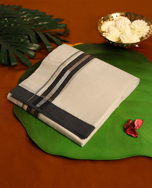 Light ivory Colour cotton double dhoti with 1.5 Inch Black & light Rose Gold kara, crafted for traditional elegance & comfort, for men.