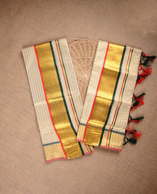 Light Gold colour tissue set mundu highlighting gold zari stripes on body, red & green highlight on traditional border