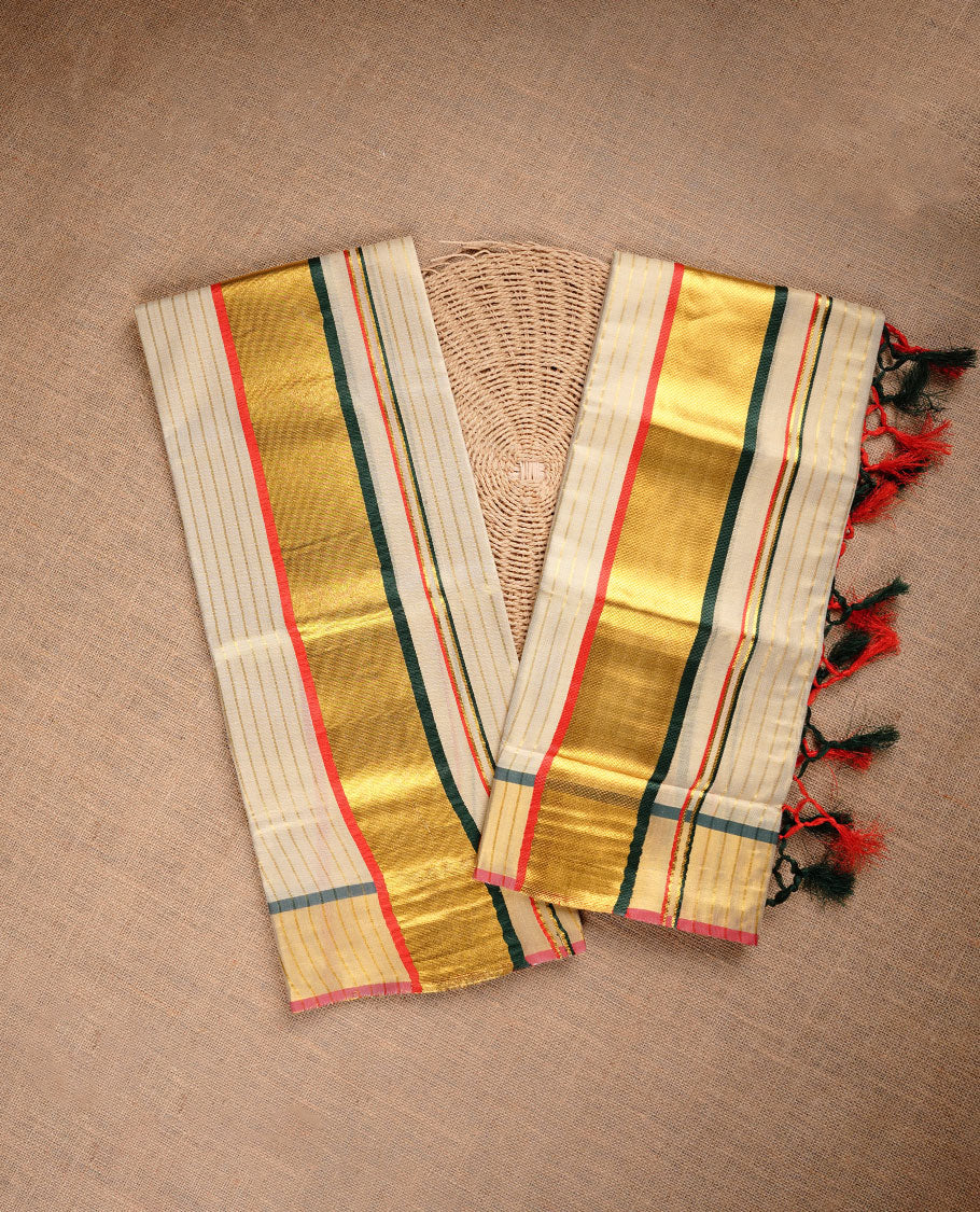 Light Gold colour tissue set mundu highlighting gold zari stripes on body, red & green highlight on traditional border