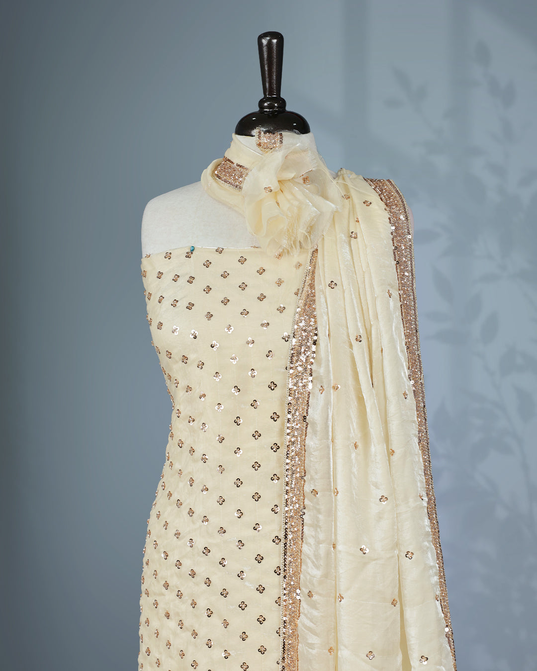 Off white colour salwar material with Cut beats & sequins work on body, Matching Bottom & dupatta.