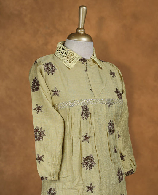 Sage green kaftan-style nightwear dress with V-neckline, drawstring waist tie, relaxed draped sleeves, and lace-detailed edges.