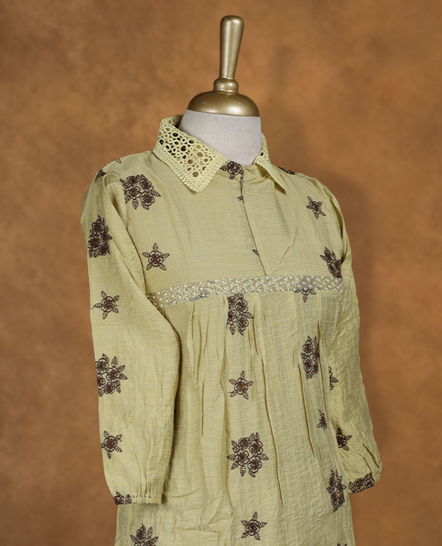 Sage green kaftan-style nightwear dress with V-neckline, drawstring waist tie, relaxed draped sleeves, and lace-detailed edges.