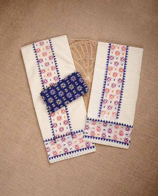 Cream colour cotton set mundu highlighting blue colour temple & geometric print on border