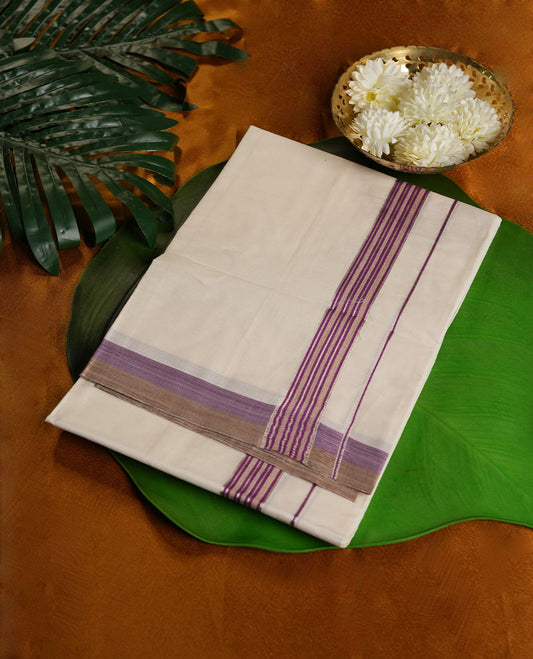Cream Colour Pure Cotton single Dhoti with Purple Colour Border for Men