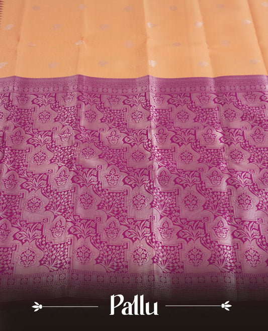 Peach colour Semi Silk Saree with Silver Zari Butta Motifs, Contrasting Magenta Zari Woven Pallu and Border Featuring Intricate Floral Patterns and Tassels, Paired with Coordinated Blouse Piece