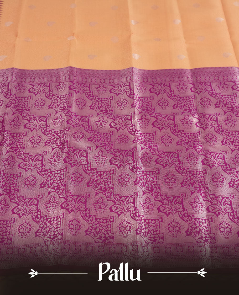 Peach colour Semi Silk Saree with Silver Zari Butta Motifs, Contrasting Magenta Zari Woven Pallu and Border Featuring Intricate Floral Patterns and Tassels, Paired with Coordinated Blouse Piece