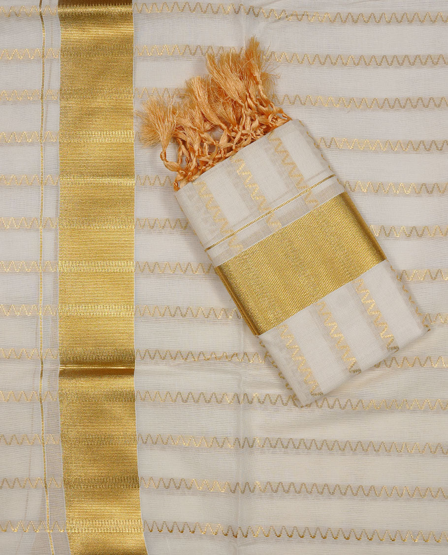 Off white colour Cotton Set Mund featuring a zigzag zari woven body, enhanced by a broad gold zari border.