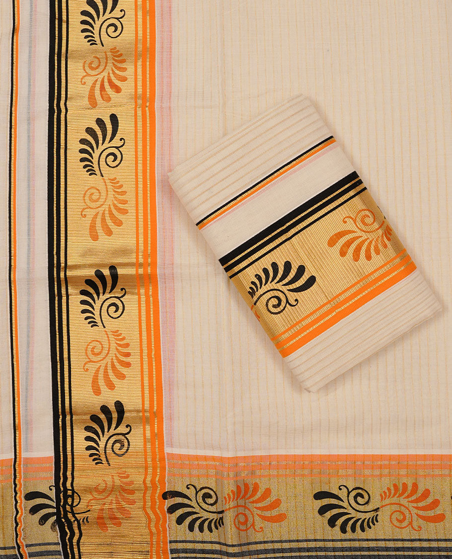 Off white colour Cotton Set Mund featuring a stripes on body, enhanced by a Black & Orange colour with zari border.