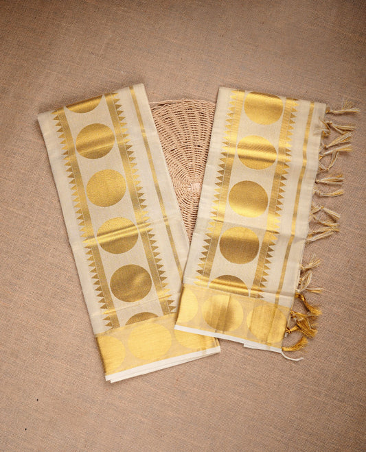 Light Gold colour tissue set mundu highlighting gold zari circle & temple pattern on traditional border