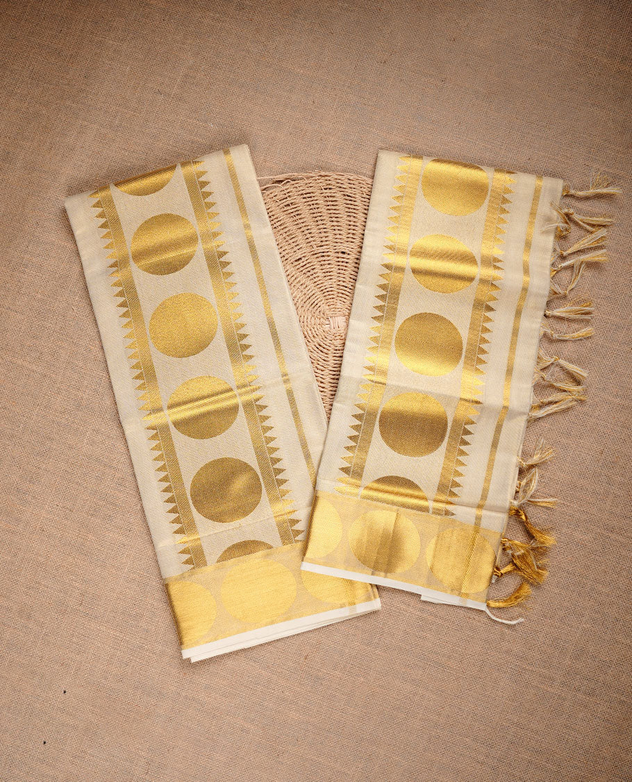 Light Gold colour tissue set mundu highlighting gold zari circle & temple pattern on traditional border