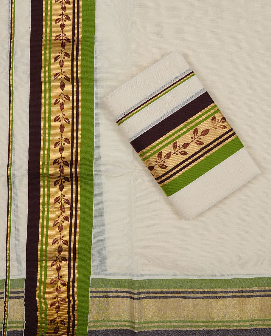 Off white colour Cotton Set Mund featuring a plain body, enhanced by a green and brown woven border with floral vine motifs.
