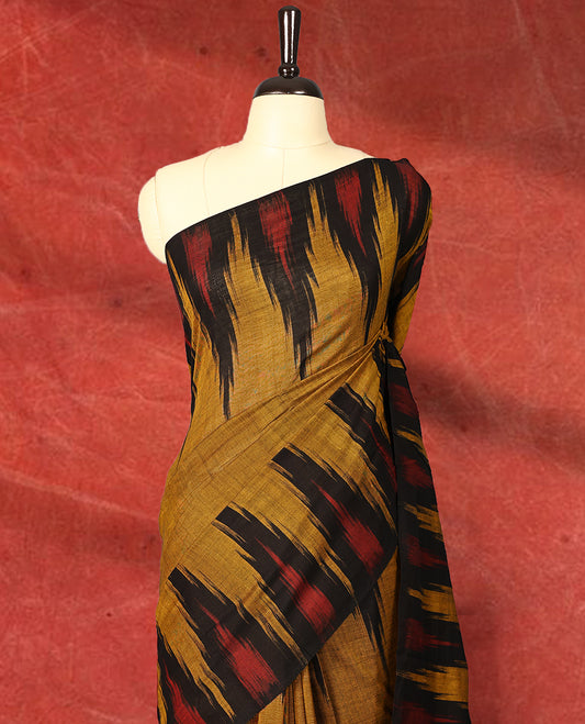Mustard and black colour Ikkat Pochampally saree featuring maroon & black abstract ikkat patterns on the body, traditional geometric ikkat design on the pallu, without Blouse