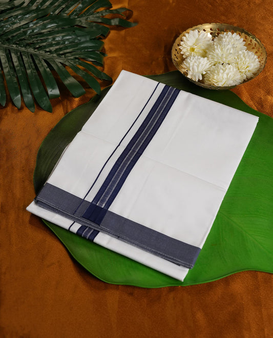 White Colour RAMRAJ Pure Cotton single Dhoti with Dark Blue Colour Border for Men