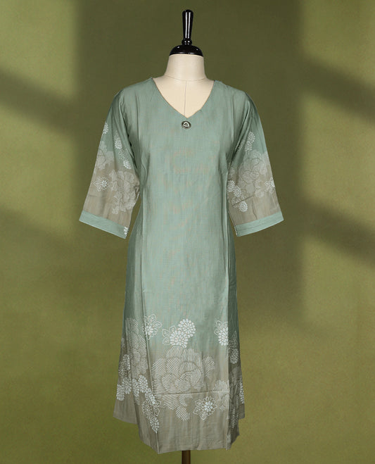 Double shade V neck Readymade kurti with digital floral prints for women, featuring 3/4 sleeves