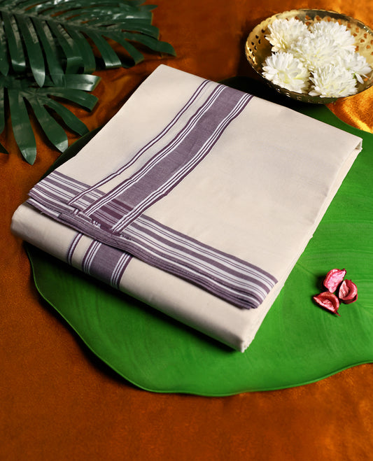 Traditional off white colour cotton dhoti highlighted with a onion pink woven border and fine stripes, offering a perfect balance of comfort and elegance for rituals, temple visits, and festive wear.