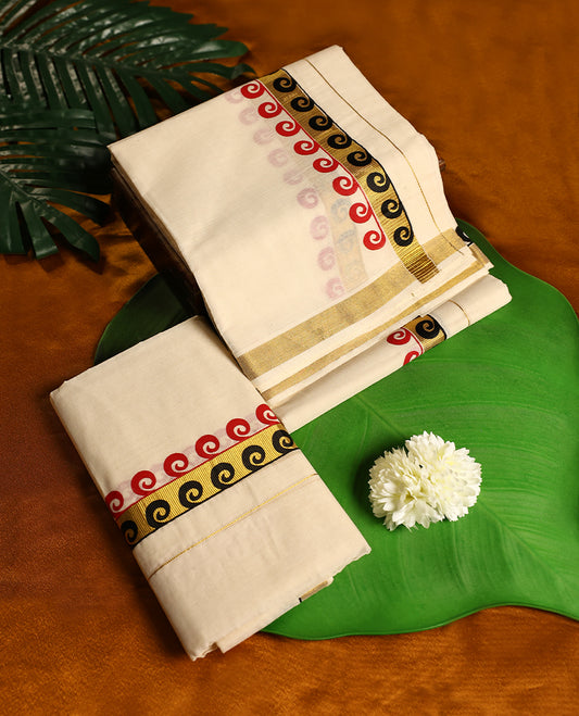 Off white colour cotton 2.00/2.80 MTS SET MUNDU featuring a plain body, complemented by a gold Zari Border with Black and Red print.