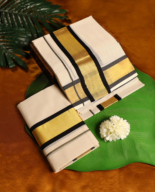 Off white colour cotton SET MUNDU featuring a plain body, complemented by a Black and gold toned 3 inch border ( 2.00/2.80 MTS ).