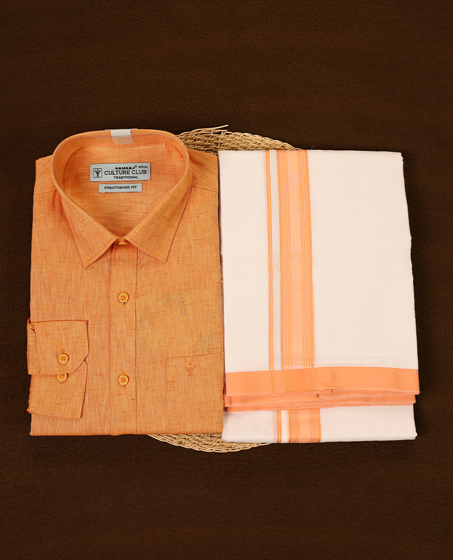 Deep Orange cotton shirt with classic collar and button down style, paired with a traditional white dhoti featuring a matching orange woven border, perfect for festive and cultural occasions.